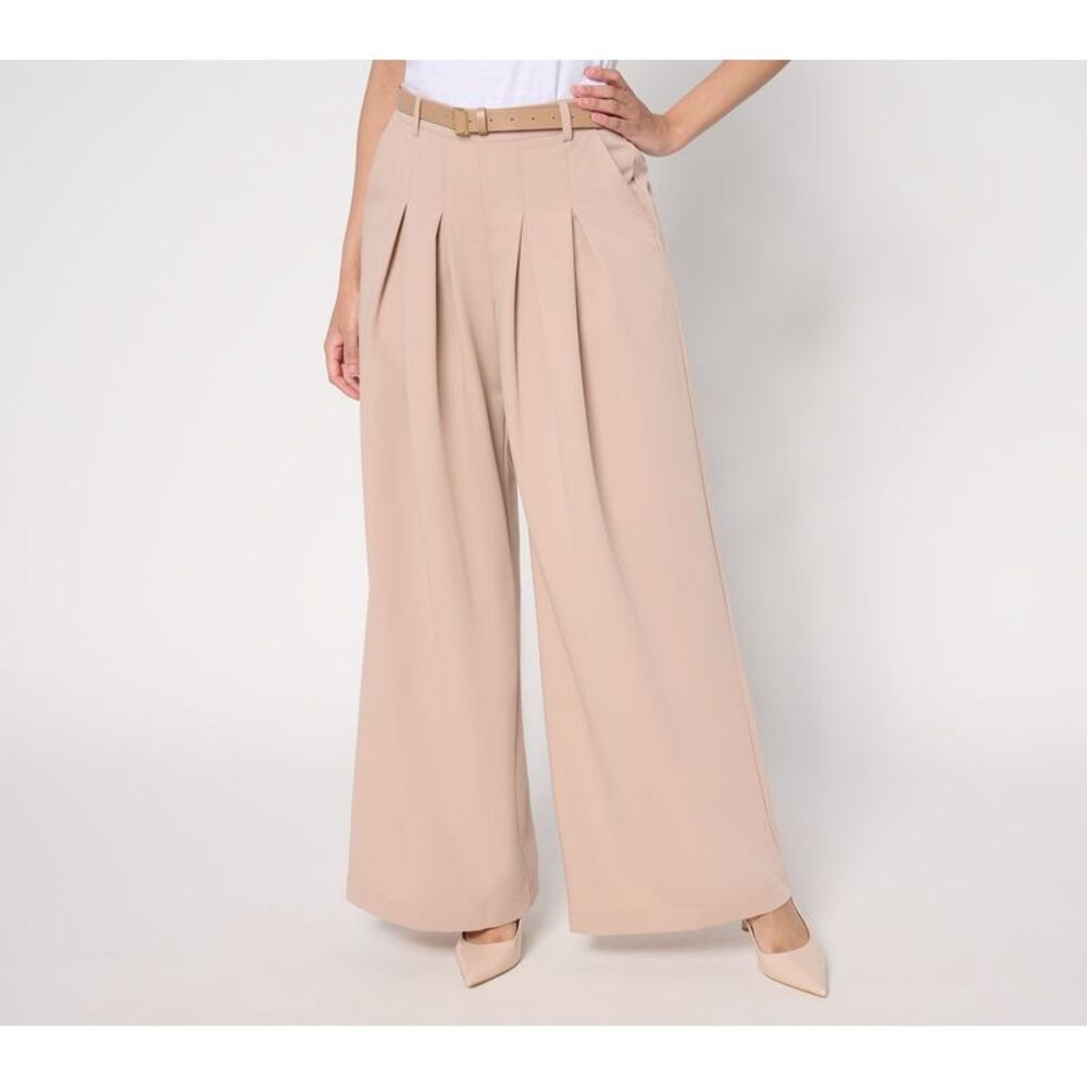 Bernini Women's Petite Pants PL Belted Wide Leg Pleated Trouser Pink A685074